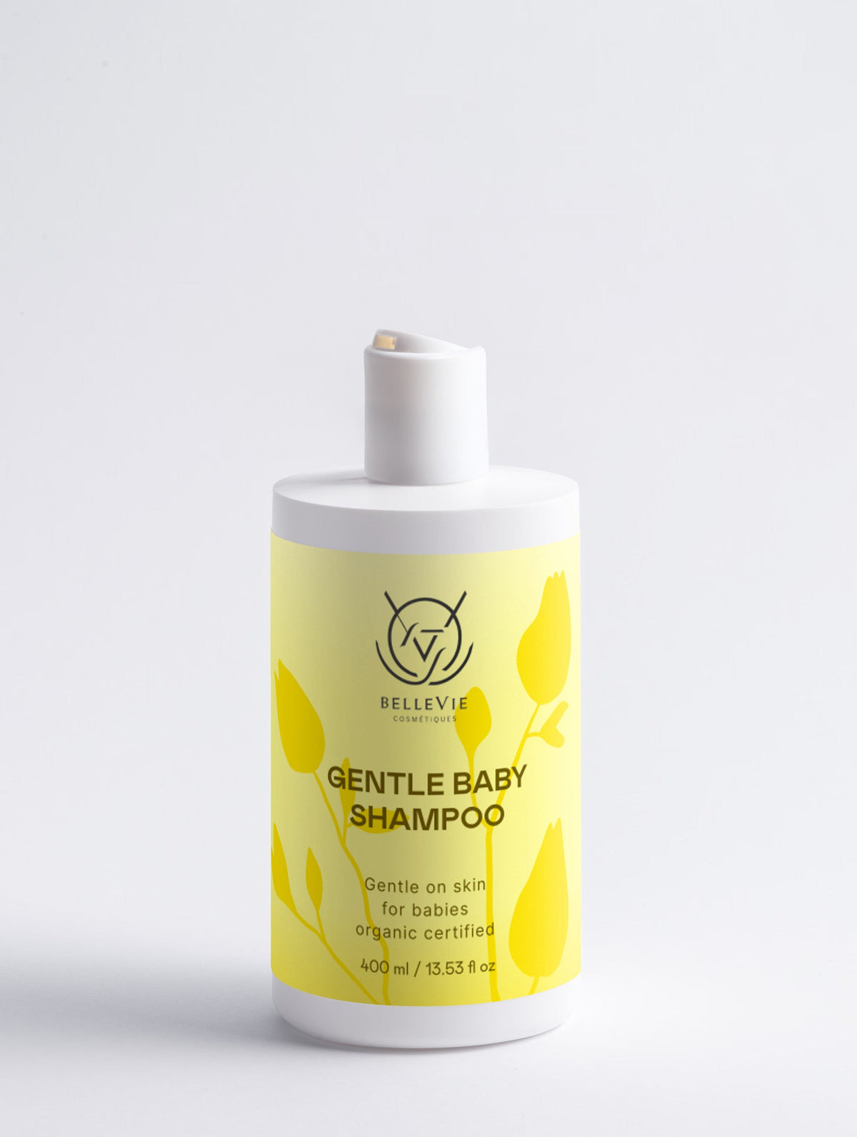 Organic gentle baby shampoo by Belleviecosmetic with aloe vera and prebiotics, tear-free formula for sensitive and newborn hair.