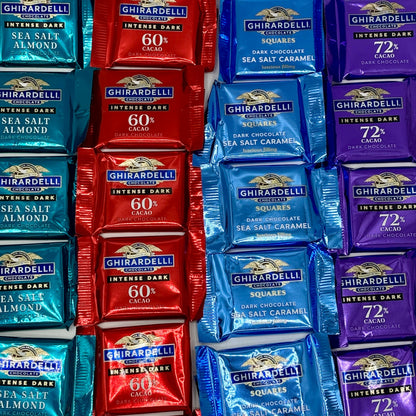 Assorted Ghirardelli dark chocolate squares in a bulk value bag, showcasing a variety of rich, smooth chocolate pieces from Candy In Bulk.
