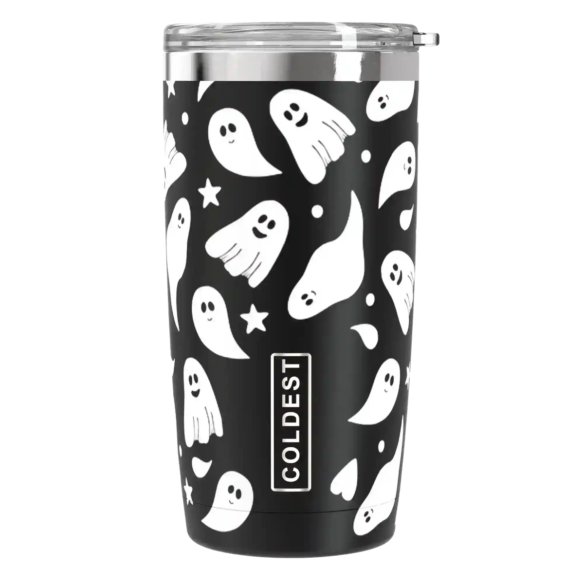 Coldest 20 oz Tumbler v2 hydration bottle with a ghost design, stainless steel body, and spill-proof lid for keeping drinks cold.