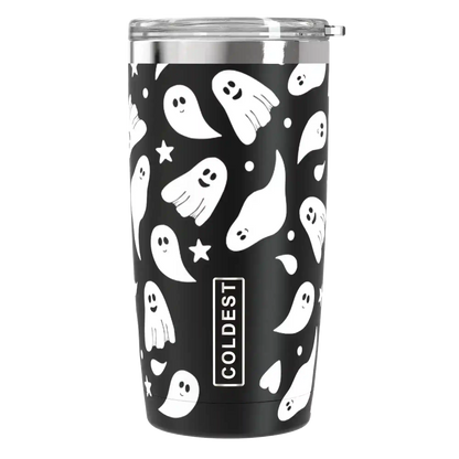 Coldest 20 oz Tumbler v2 hydration bottle with a ghost design, stainless steel body, and spill-proof lid for keeping drinks cold.