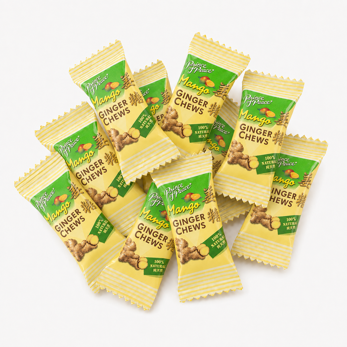 Prince of Peace Ginger Chews with Mango flavor, showing chewy ginger candy pieces with mango accents from Candy In Bulk.