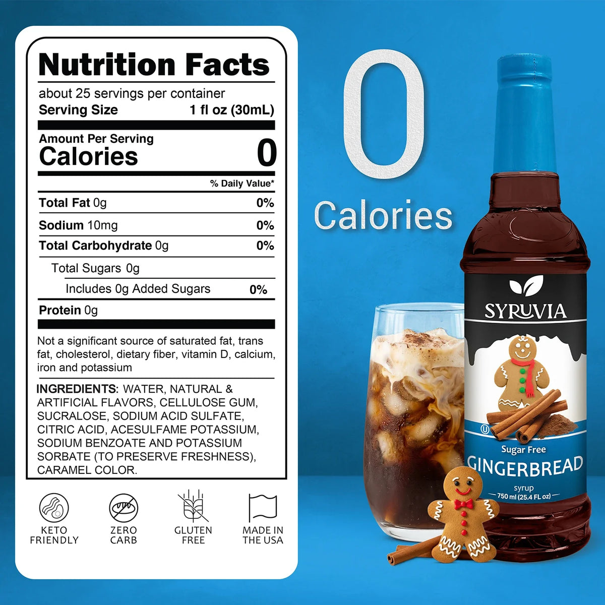 Bottle of Syruvia sugar-free gingerbread syrup with a festive label, ideal for flavoring coffee and desserts.