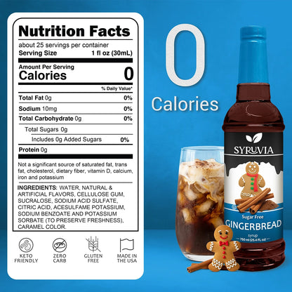 Bottle of Syruvia sugar-free gingerbread syrup with a festive label, ideal for flavoring coffee and desserts.
