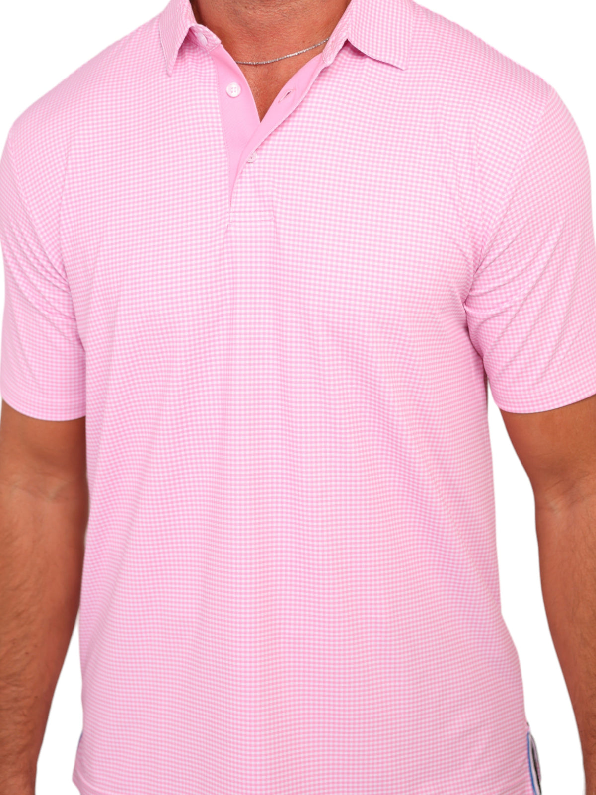 White Water Life Vineyard Polo in pink and white gingham, casual men's short-sleeve polo shirt.