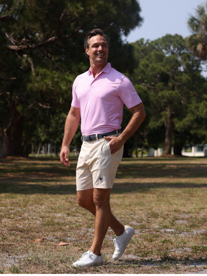 White Water Life Vineyard Polo in classic pink and white gingham pattern, casual men's polo shirt with a collar and short sleeves.