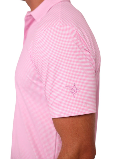 White Water Life Vineyard Polo in gingham pink, featuring a classic short-sleeve design with a collar and button closure.