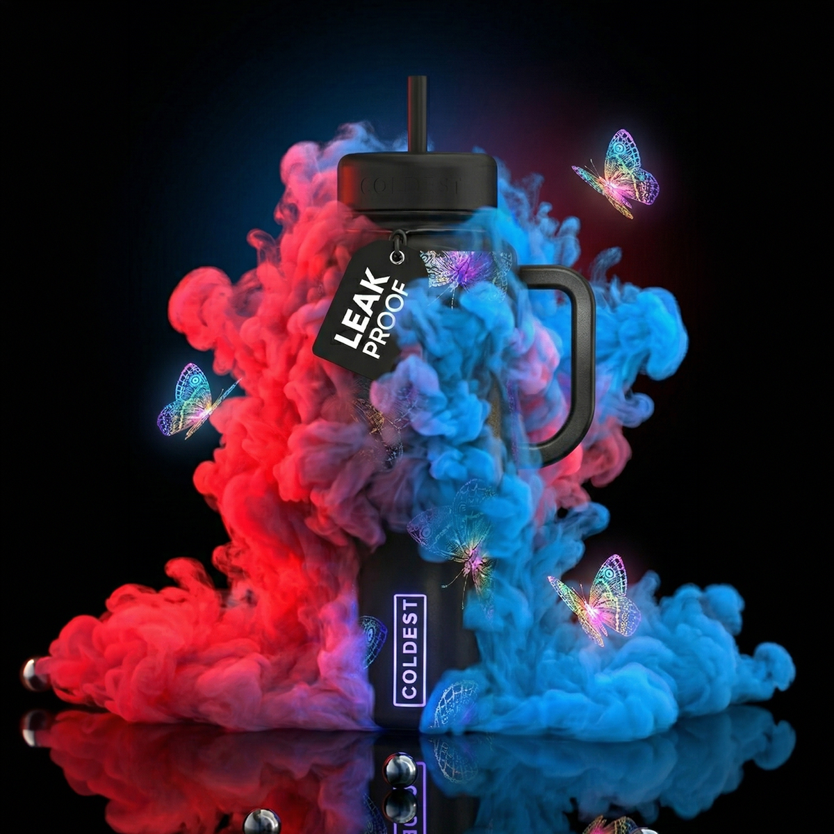 Coldest 6.7oz bottle featuring a glowing butterfly design, made of durable material for keeping beverages cold.