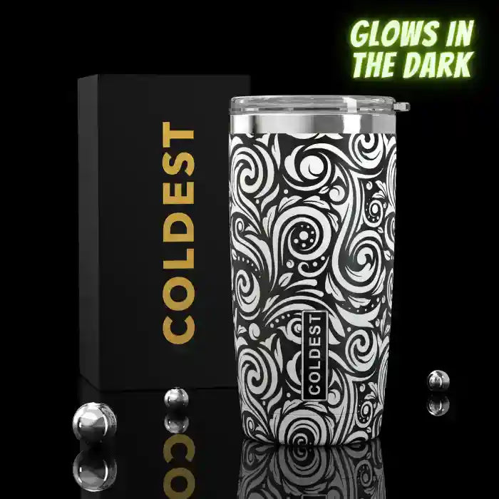 Coldest 20 oz Tumbler v2 hydration bottle glowing in the dark with a sleek design and durable stainless steel construction.