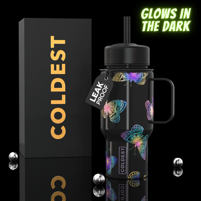 Coldest 6.7oz glow-in-the-dark bottle with illuminated design, durable stainless steel construction, and leak-proof lid.