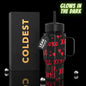 Coldest 6.7oz glowing in the dark insulated water bottle with a sleek design and vibrant glow in low light.