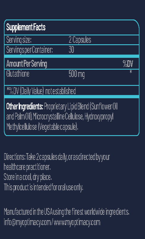 Liposomal Glutathione supplement by OPTIMACY with a label showing product details and branding.