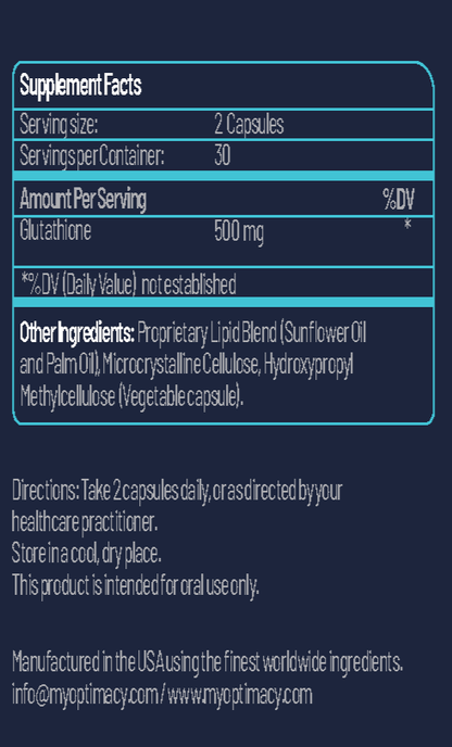 Liposomal Glutathione supplement by OPTIMACY with a label showing product details and branding.