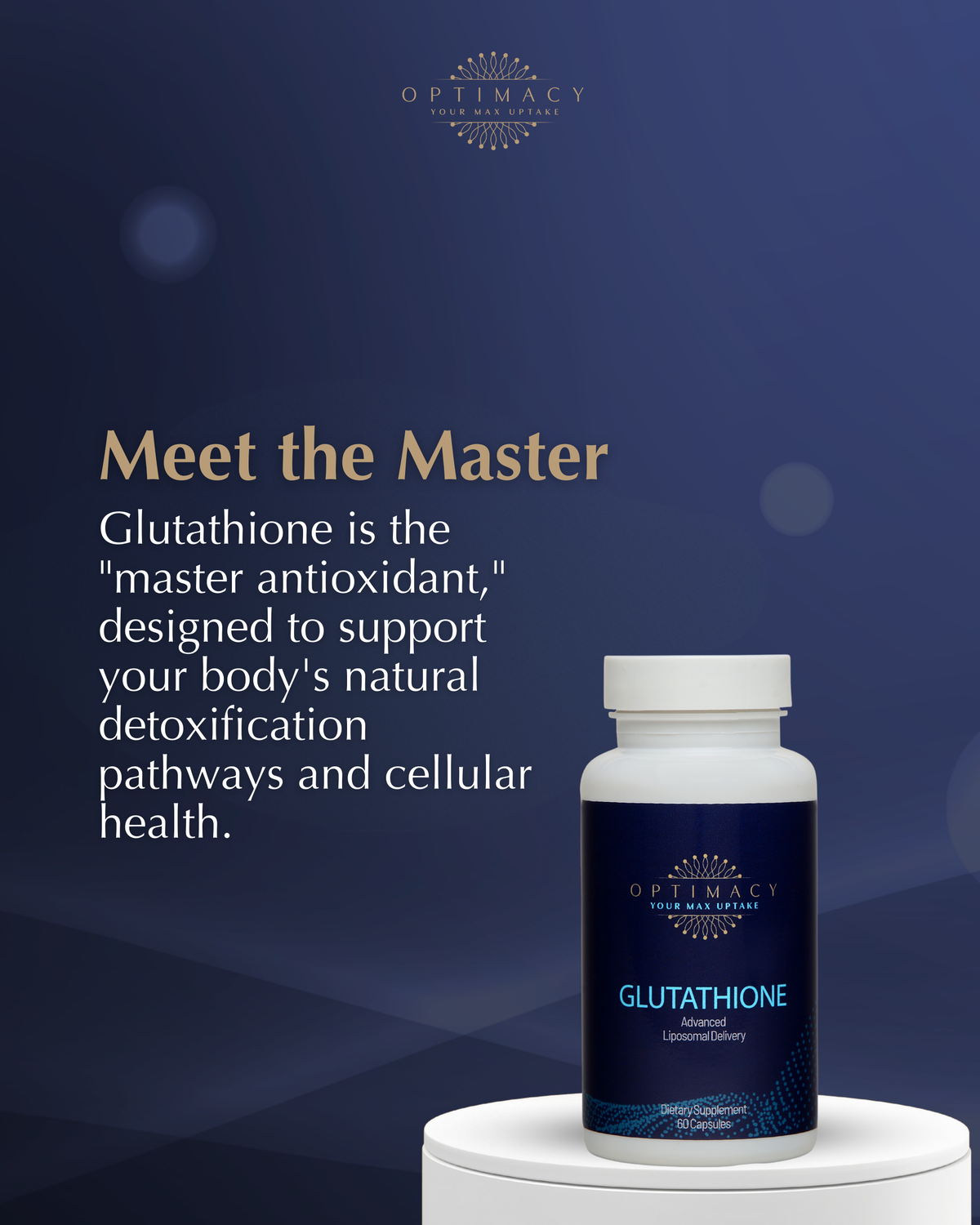 Bottle of OPTIMICY Liposomal Glutathione supplement with clear labeling, featuring a sleek, modern design and health-focused branding.