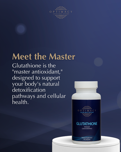 Bottle of OPTIMICY Liposomal Glutathione supplement with clear labeling, featuring a sleek, modern design and health-focused branding.