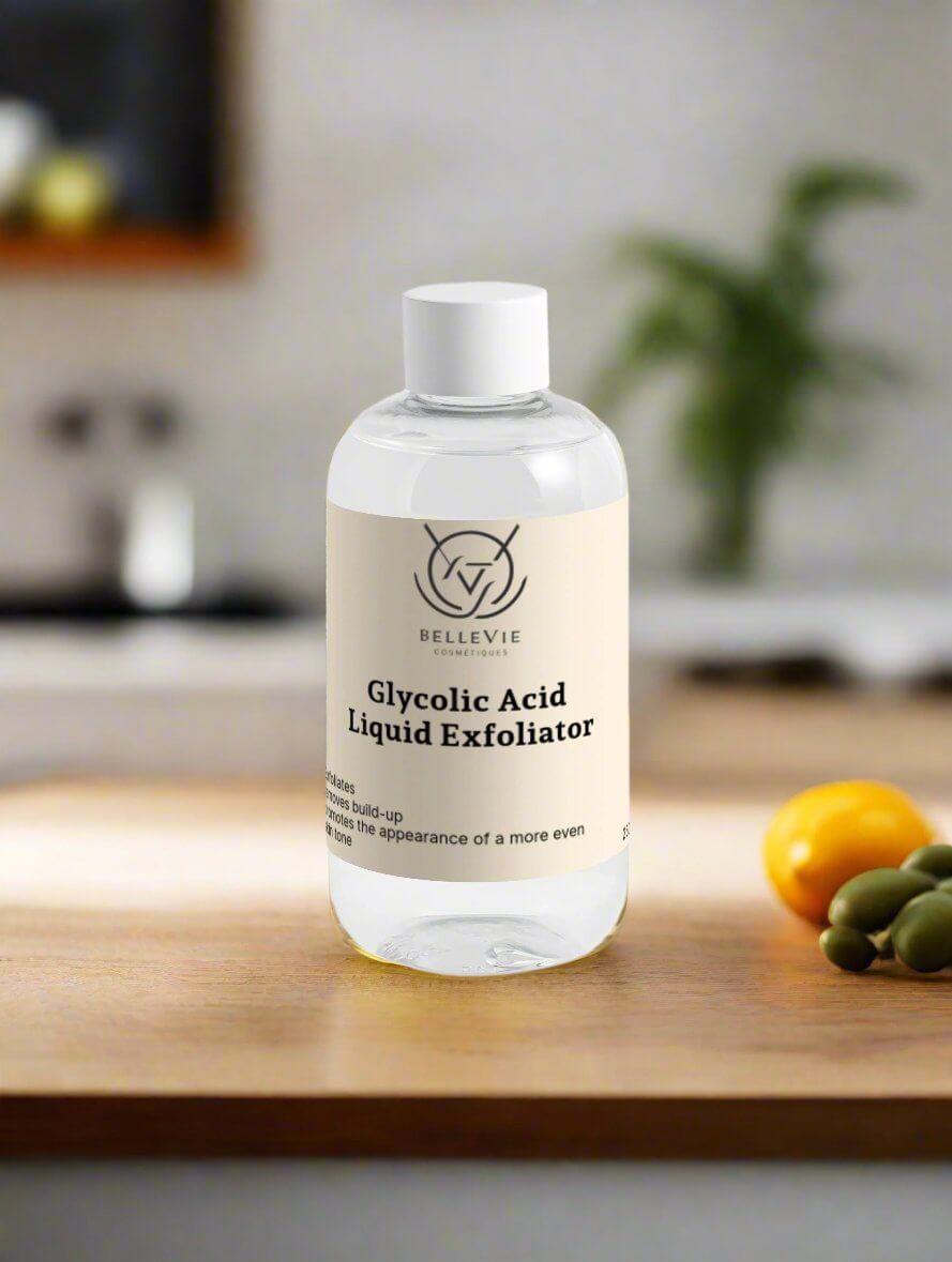 Glycolic Acid exfoliating toner in 250ml bottle with clear liquid, designed to improve skin tone and reduce dark spots.