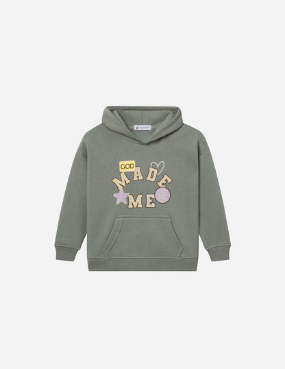 Kids hoodie by Elevated Faith featuring a "God Made Me" design, soft fabric and comfortable fit for children.