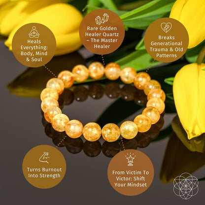 Golden healer quartz bracelet from Conscious Items featuring polished beads and a stretchy elastic band.