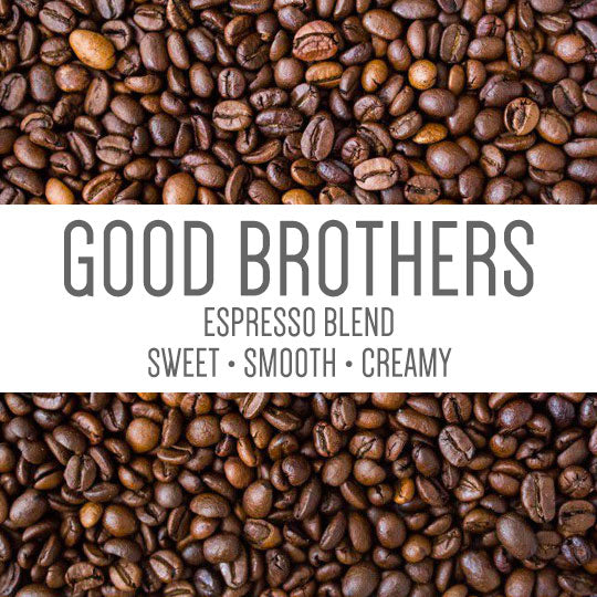 Good Brothers Coffee LLC roasted espresso blend in a bag, showcasing a rich, dark roasted coffee beans for espresso brewing.