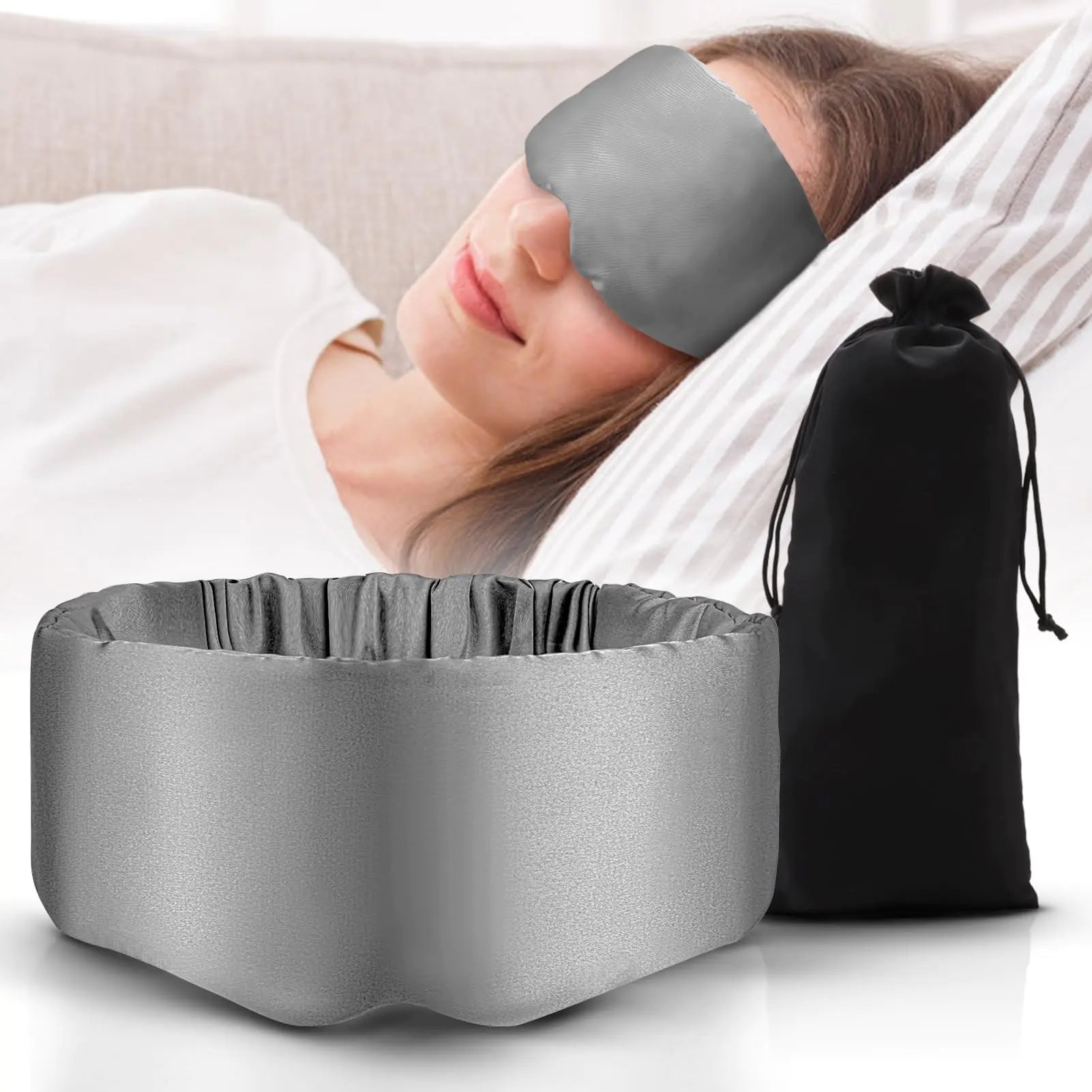 Full Coverage Sleep Eye Mask Fits Face Breathable Comfort Eye Mask 99% Light Blocking Simulated Silk Satin with Adjustable Shoulder Strap Storage Bag for Women Men Travel Home Rest (Gray)