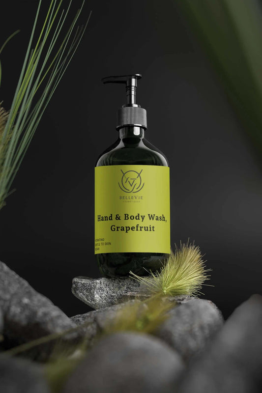 Grapefruit hand and body wash in a 490ml bottle by Belleviecosmetic, featuring a fresh citrus scent and energizing natural cleanser.