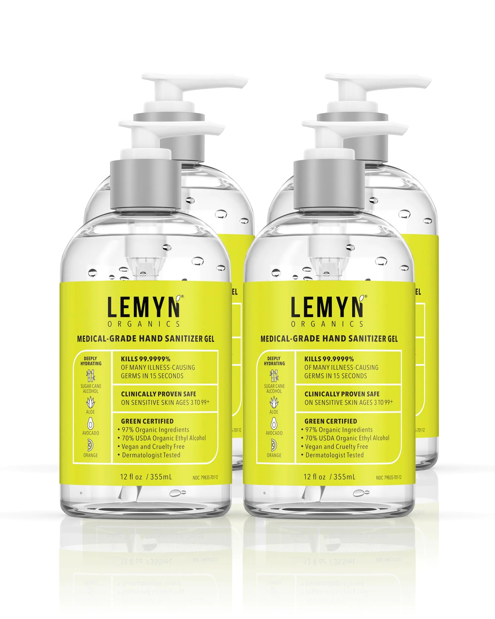 Lemyn Organics Medical Grade Hand Sanitizer Gel - 97% ORGANIC - 12 FL.OZ. (PACK OF 4)