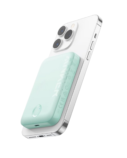 Anker 321 MagGo PowerCore Magnetic 5K portable charging battery with green design and magnetic attachment for devices.