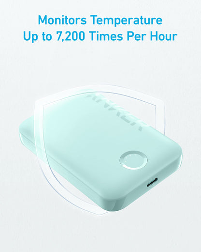 Green Anker 321 MagGo PowerCore Magnetic 5K portable battery for charging, with a sleek compact design.