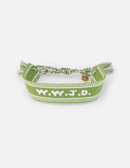 Green WWJD embroidered bracelet by Elevated Faith, stylish wristband with faith-inspired design and embroidered lettering.