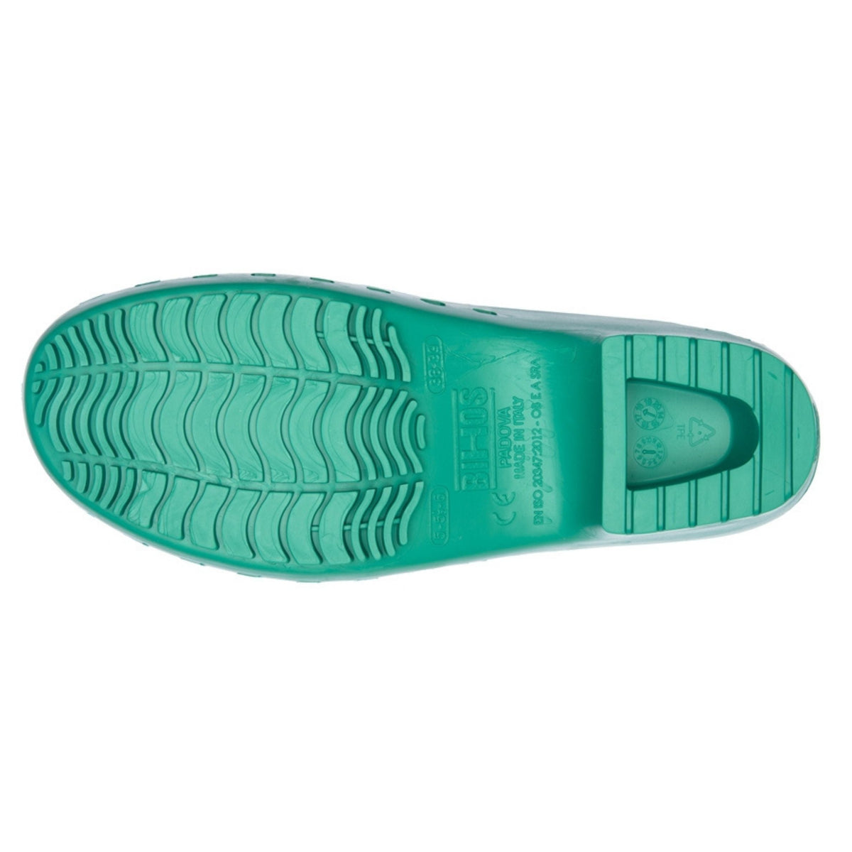 Green Calzuro Classic clogs showing the durable sole and slip-resistant bottom for healthcare and medical use.