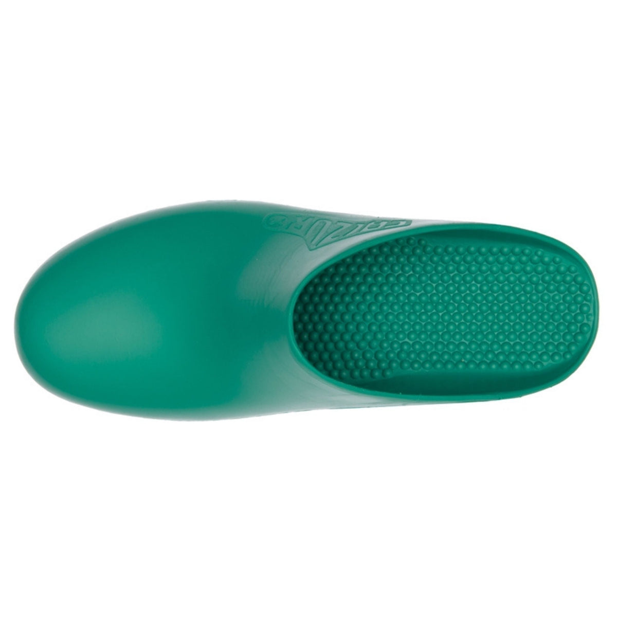Green Calzuro Classic clogs with smooth top surface, durable medical footwear suitable for healthcare professionals.