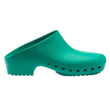 Green Calzuro Classic clogs without holes, durable medical footwear with slip-resistant soles and comfortable fit.