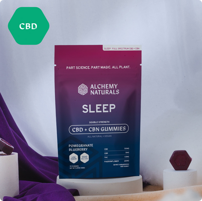 Group of hemp-derived CBD gummies for sleep by Alchemy Naturals, featuring full spectrum CBD and CBN in colorful edible form.