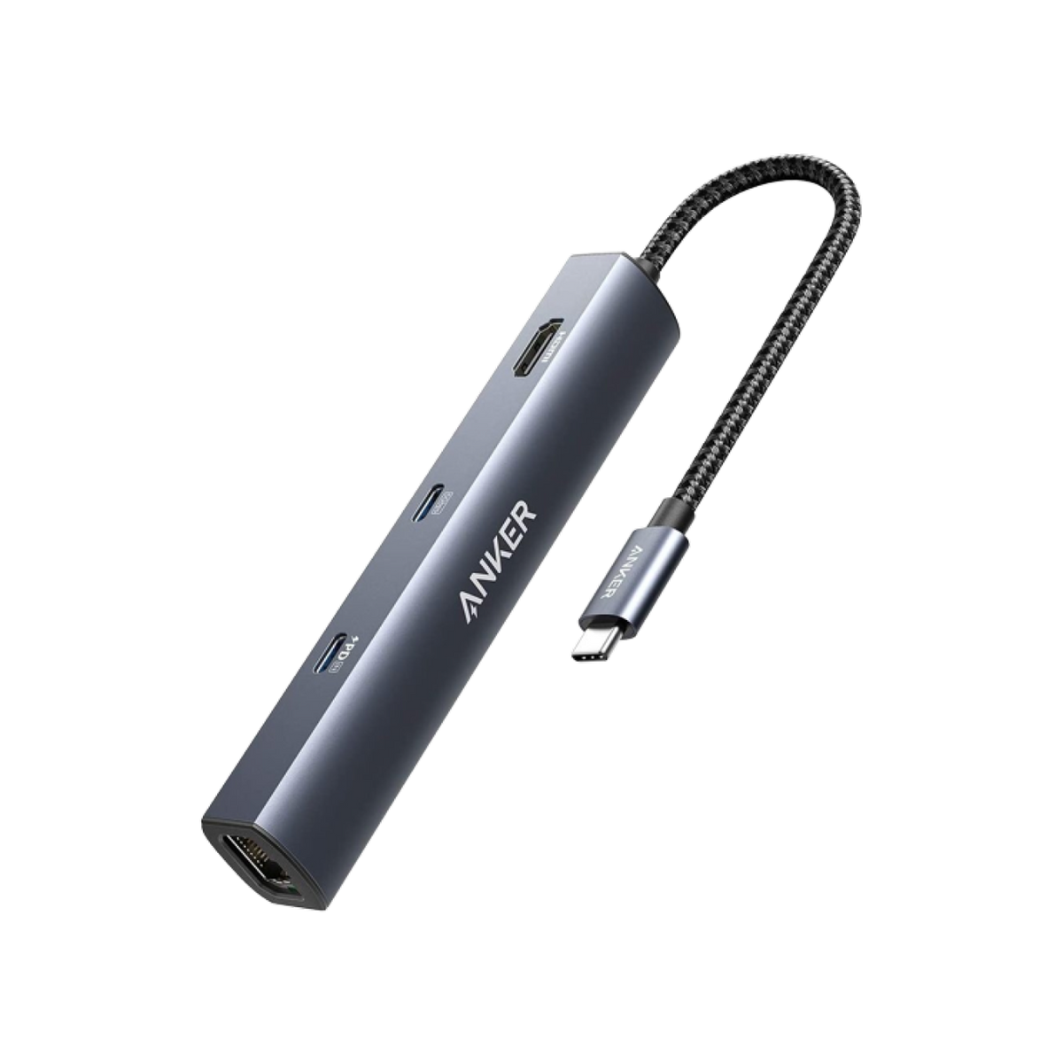 Anker 543 USB-C Hub 6-in-1 slim charging station with multiple ports, shown with connected devices on a sleek surface.