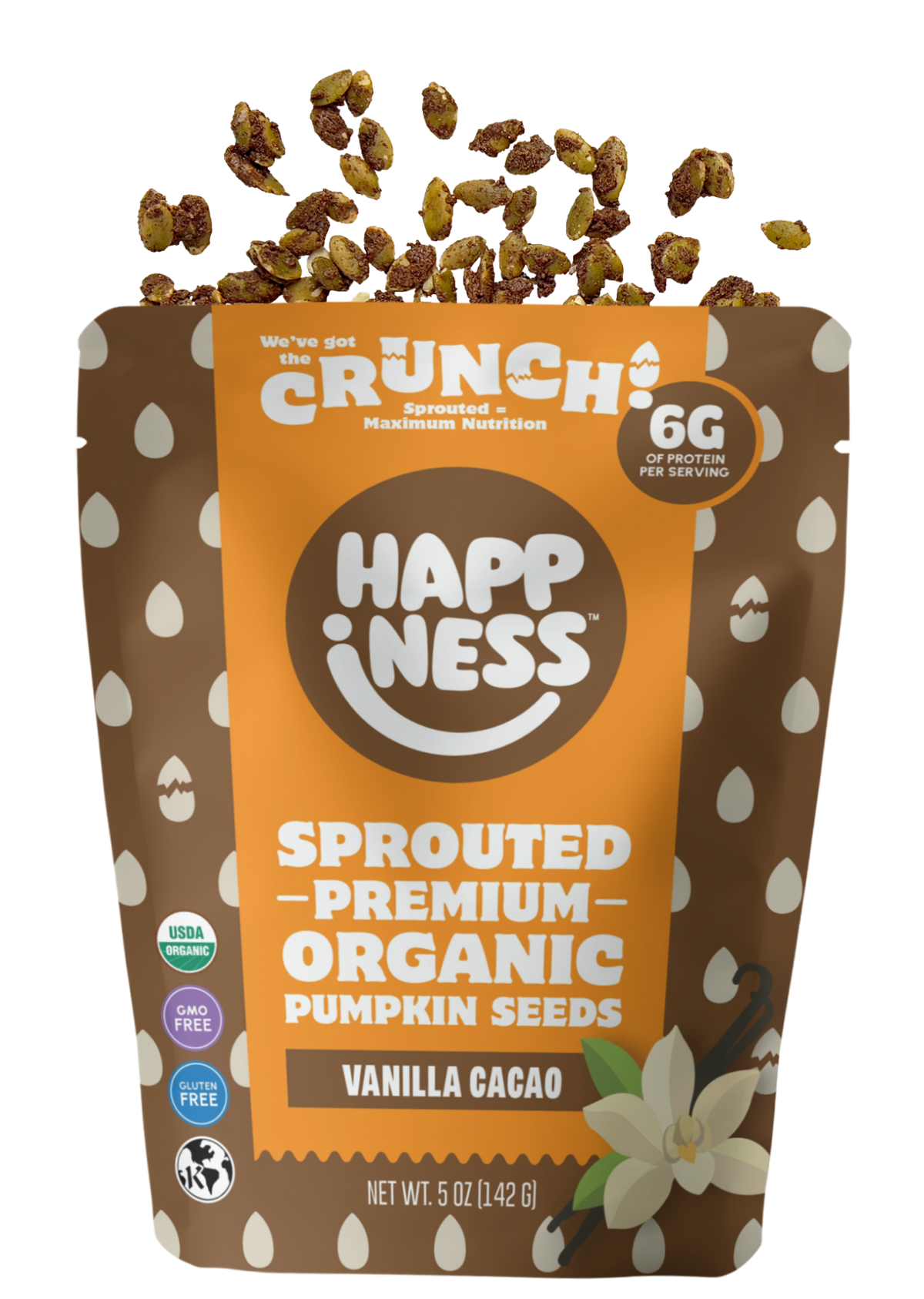 Group of vanilla cacao flavor snacks from happinessfoods.com, featuring creamy vanilla and rich cacao ingredients in a colorful display.
