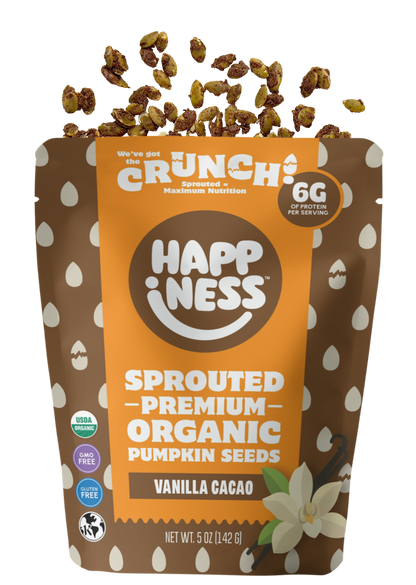 Group of vanilla cacao flavor snacks from happinessfoods.com, featuring creamy vanilla and rich cacao ingredients in a colorful display.