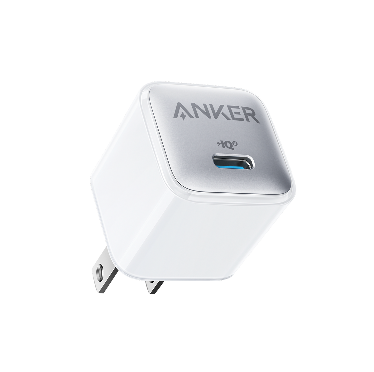 Anker Nano 20W USB-C charger, compact power adapter for fast charging devices, shown in a close-up image.