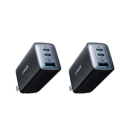 Two Anker 735 Nano II 65W charging adapters, compact and portable power chargers for fast device charging.