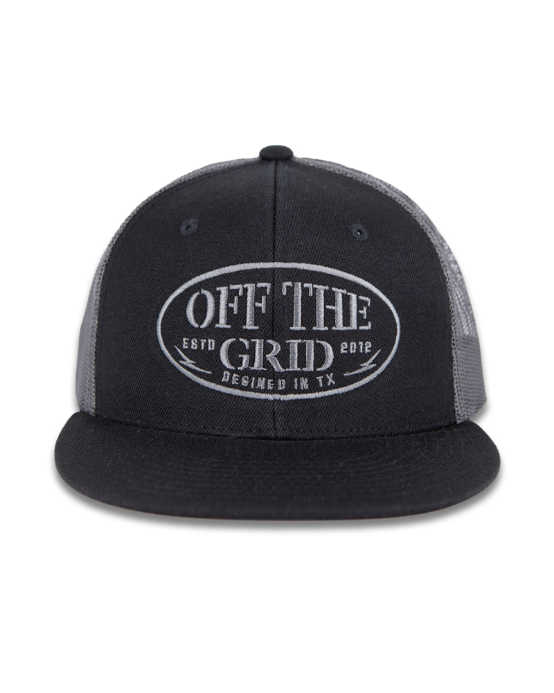 Charcoal black Off The Grid Surplus grunge snapback hat with distressed details and adjustable strap, front logo design.