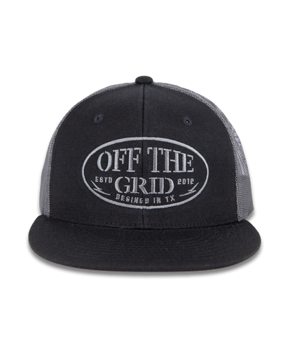 Charcoal black Off The Grid Surplus grunge snapback hat with distressed details and adjustable strap, front logo design.