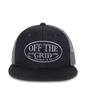 Charcoal black Off The Grid Surplus grunge snapback hat with distressed details and adjustable strap, front logo design.