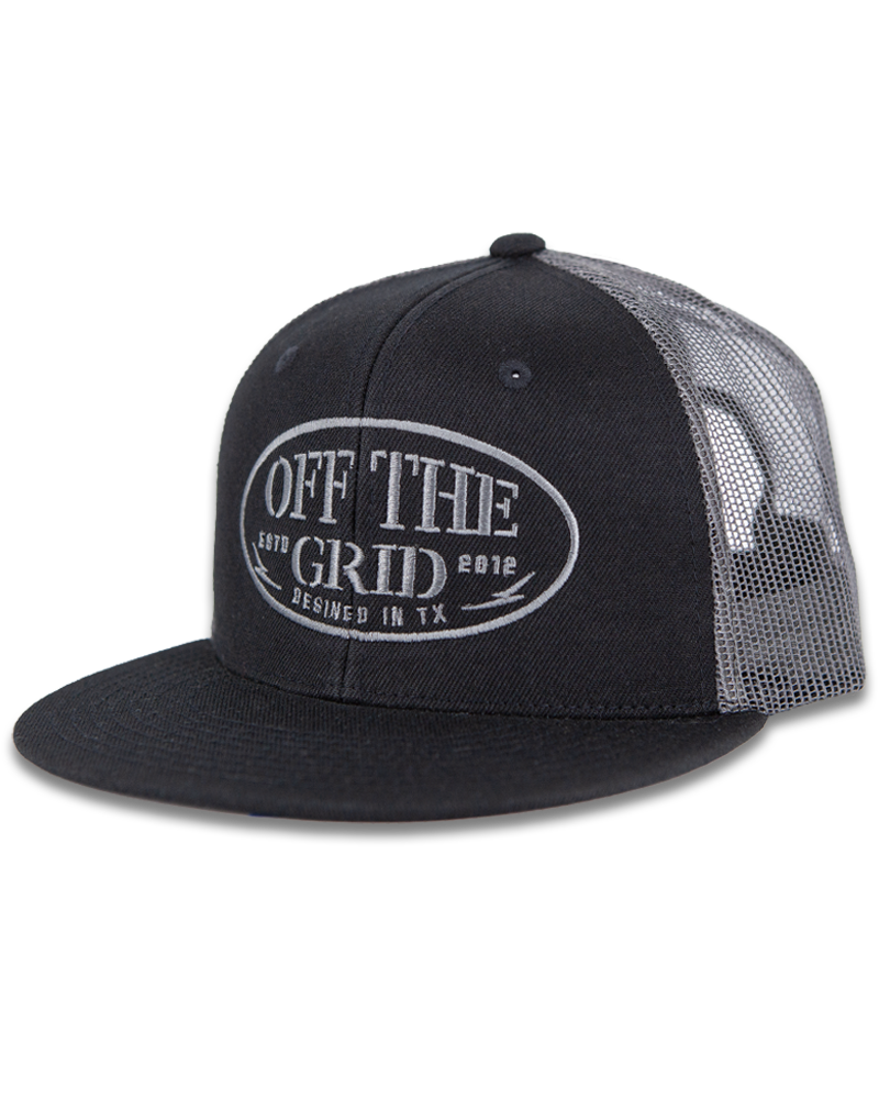Charcoal black grunge snapback hat by Off The Grid Surplus with distressed details and adjustable strap.