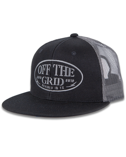 Charcoal black grunge snapback hat by Off The Grid Surplus with distressed details and adjustable strap.