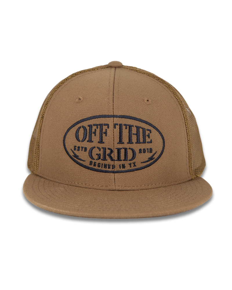Off The Grid Surplus grunge snapback hat featuring a rugged coyote design, stylish and casual accessory for outdoor-inspired fashion.