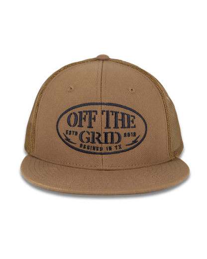 Off The Grid Surplus grunge snapback hat featuring a rugged coyote design, stylish and casual accessory for outdoor-inspired fashion.