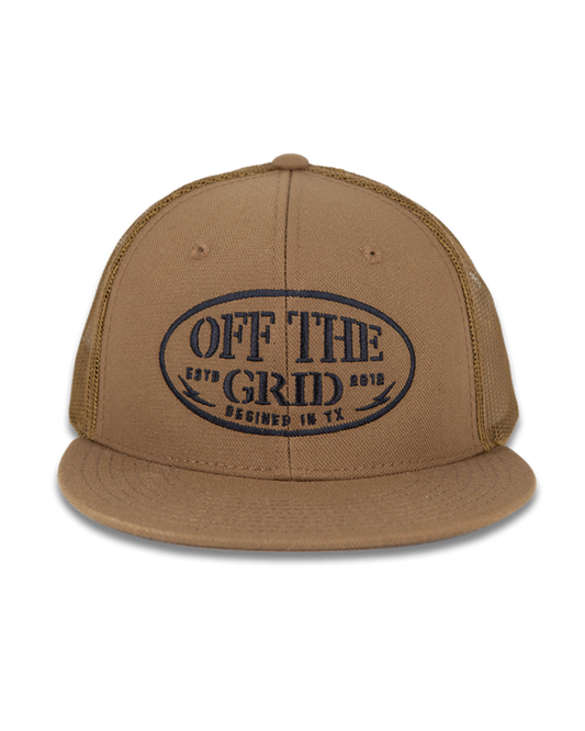 Off The Grid Surplus grunge snapback hat featuring a rugged coyote design, stylish and casual accessory for outdoor-inspired fashion.