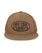 Off The Grid Surplus grunge snapback hat featuring a rugged coyote design, stylish and casual accessory for outdoor-inspired fashion.
