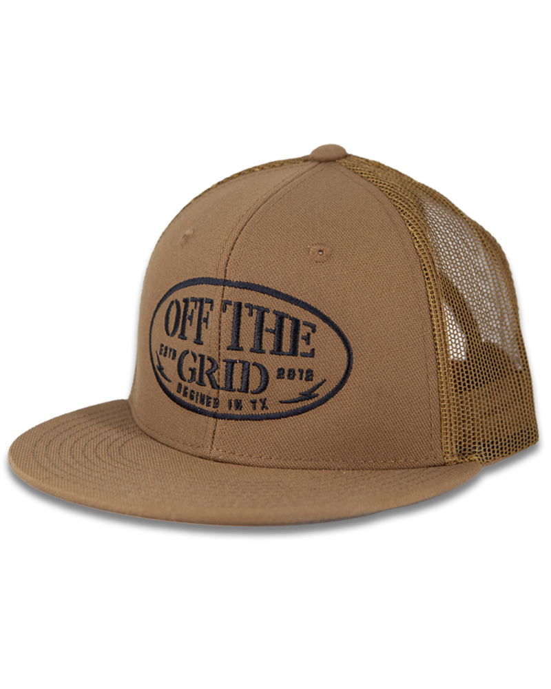 Off The Grid Surplus grunge snapback hat in coyote color, featuring distressed fabric and flat brim, styled for casual wear.