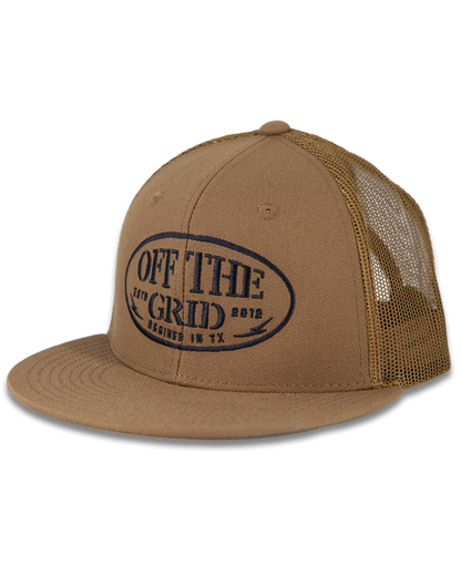 Off The Grid Surplus grunge snapback hat in coyote color, featuring distressed fabric and flat brim, styled for casual wear.