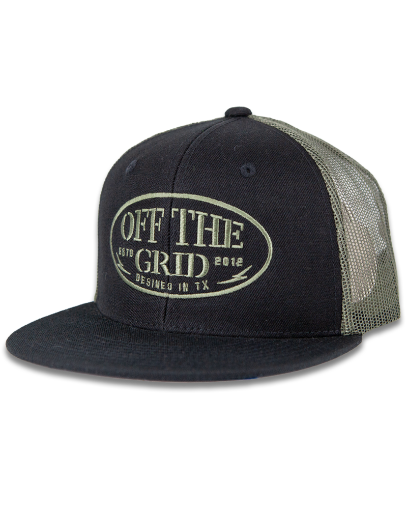 Olive and black grunge snapback hat by Off The Grid Surplus featuring distressed fabric and bold front logo design.