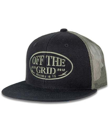 Olive and black grunge snapback hat by Off The Grid Surplus featuring distressed fabric and bold front logo design.